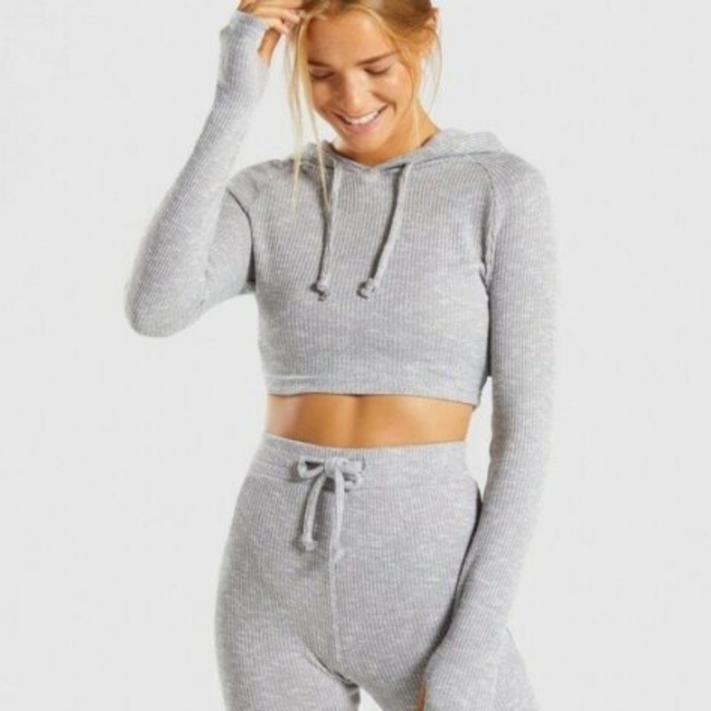 2/$25 Gymshark Women's Light Gray Ribbed Cropped Hoodie